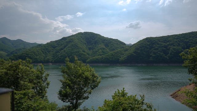 Calm Lake Surrounded by Lush Green Hills with Trees