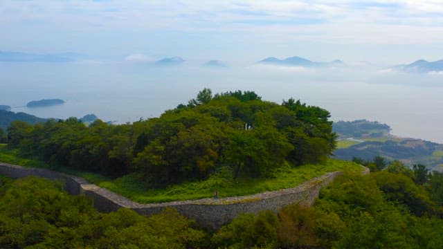 Serene Landscape with Mist over Coastal Green Hills