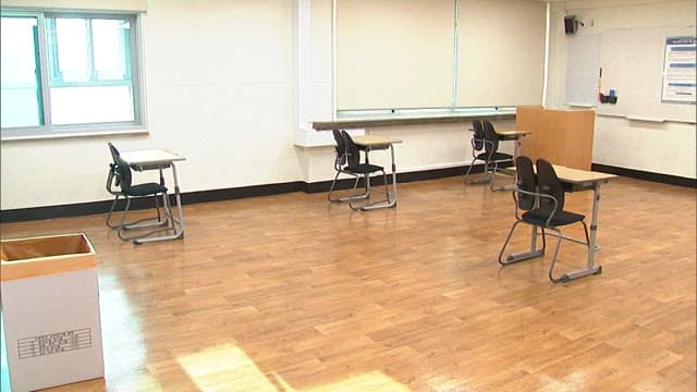 Empty Classroom with Desks and Chairs