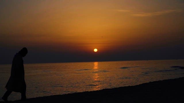 Silhouette of a person walking on the beach at sunset