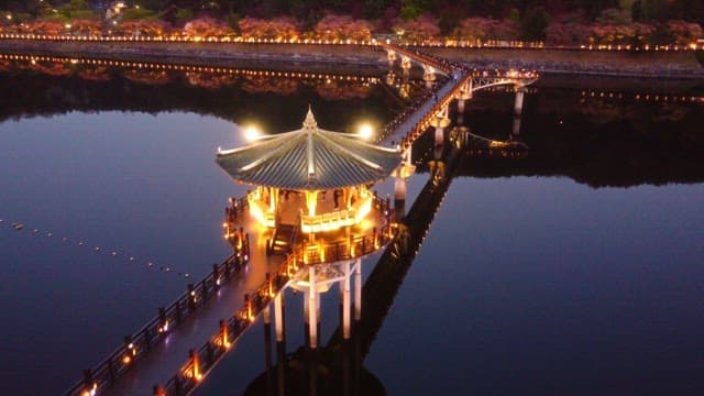 Illuminated bridge over calm river at night