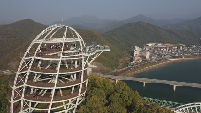 Scenic Mountains and River Seen from a Skywalk