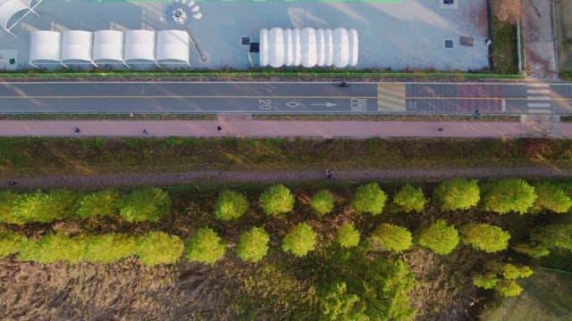 Aerial view of a park with pathways and trees