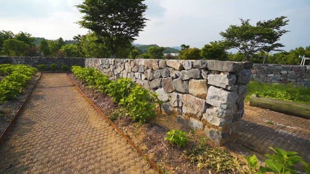 Stone Wall Along a Path in a Peaceful Garden