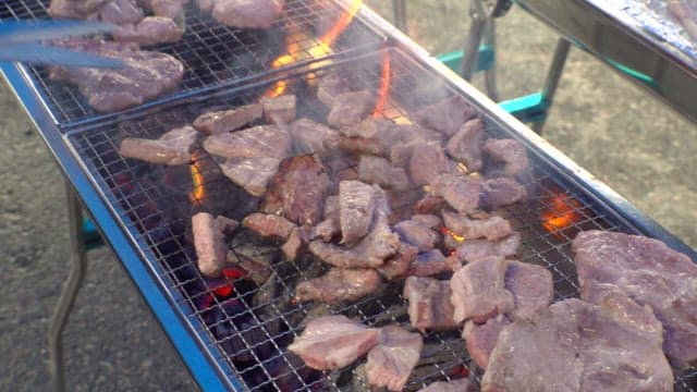 Grilling meat on a barbecue grill with flames