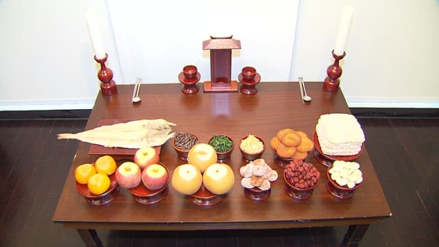 Traditional Korean Ritual Table with Offerings