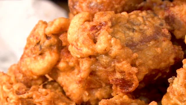 Whole crispy, golden brown fried chicken