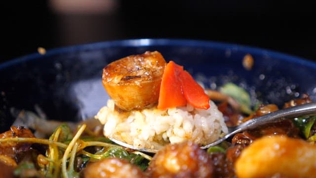 Spoonful of delicious tripe rice bowl