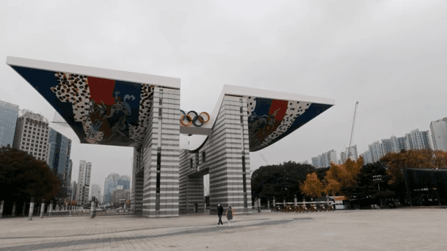 Olympic Park with iconic sculpture and buildings
