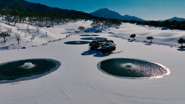 Snowy Landscape with Ice-Covered Ponds