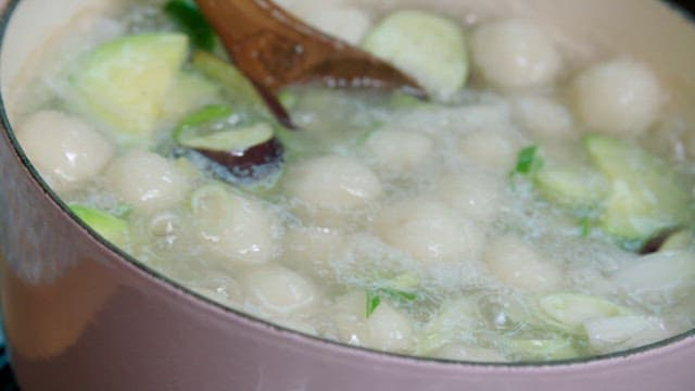Bubbling potato ball soup with squash
