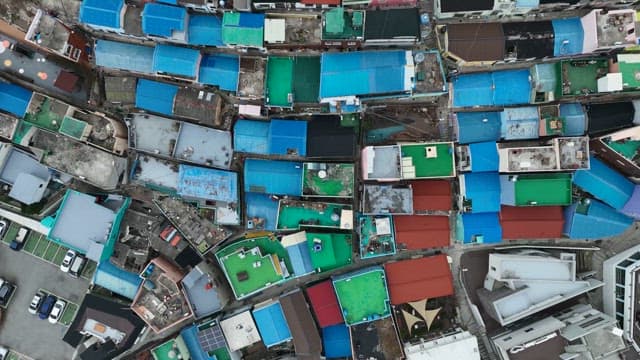 Colorful rooftops in a dense urban area