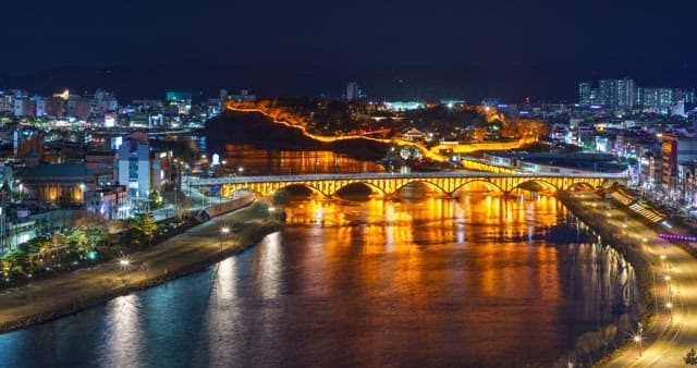 Illuminated bridge and cityscape at night