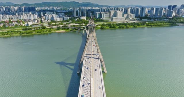 Bridge over a river with city skyline
