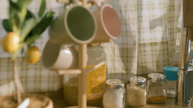 Jars of Seasonings and Cooking Utensils on Kitchen Shelves
