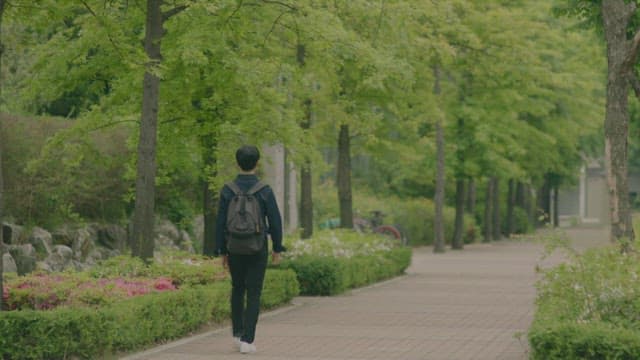 Student walking through a park filled with green trees and colorful flowers
