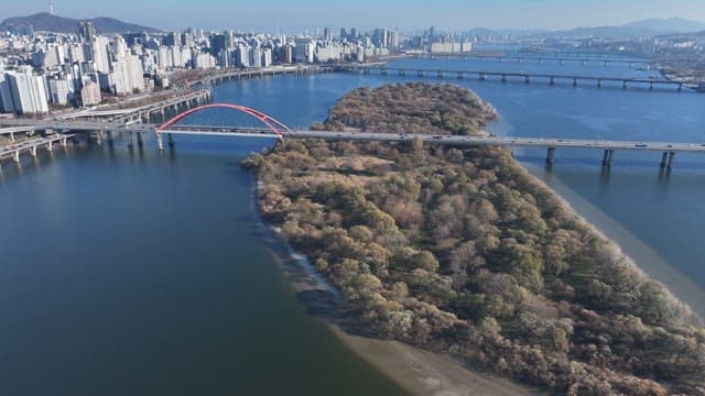 Bamseom Islet under the Bridge in Hangang River and Urban Cityscape
