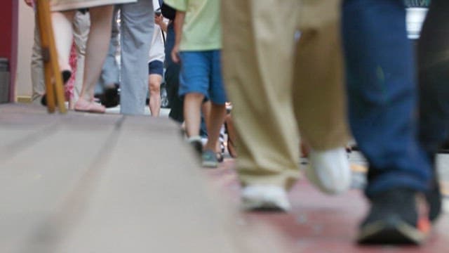 Bustling City Street Scene from the Ground