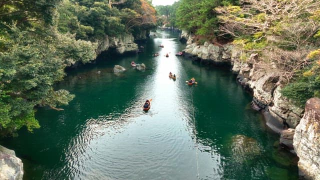 People kayaking in a scenic river