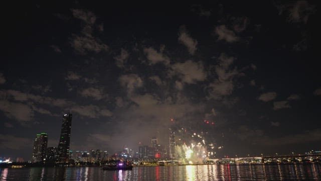 Nighttime Fireworks Display Over City Skyline