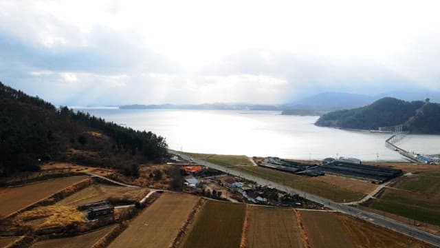 Countryside with farm fields near the sea