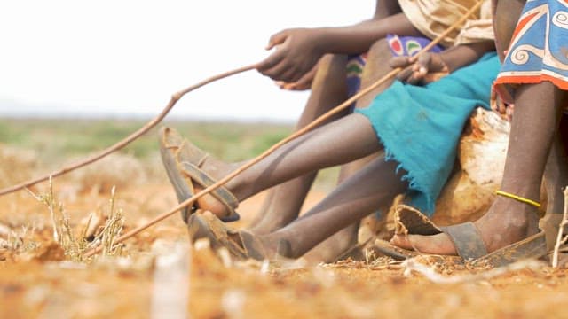 People Sitting on a Wooden Stumps in the Field Holding Sticks