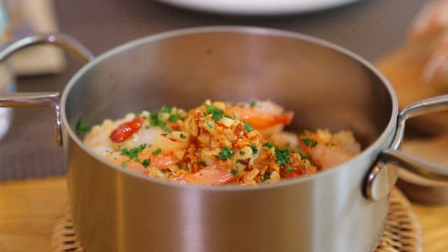 Appetizing gambas prepared in a pan