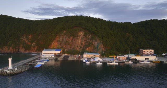 Coastal village with a lighthouse and boats