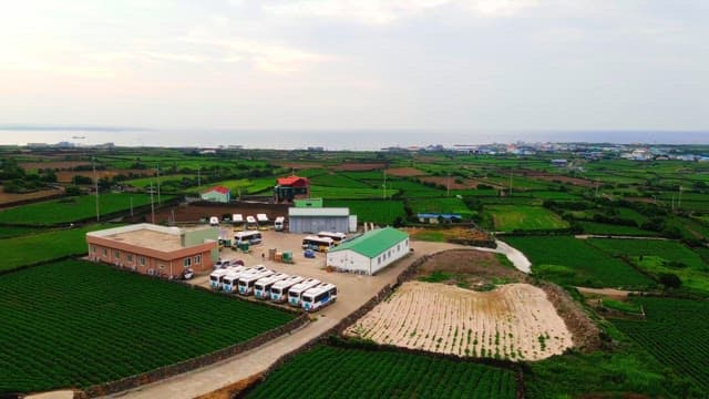 Green farmland next to the sea