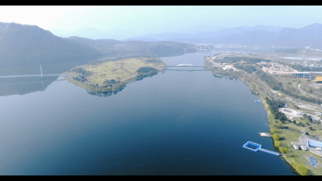 Serene island with bridges and mountains