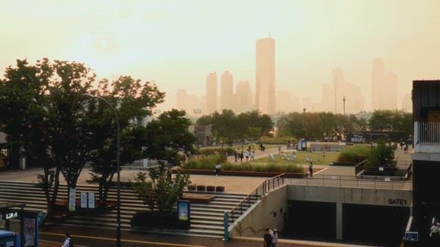 People gathered in a city park at sunset