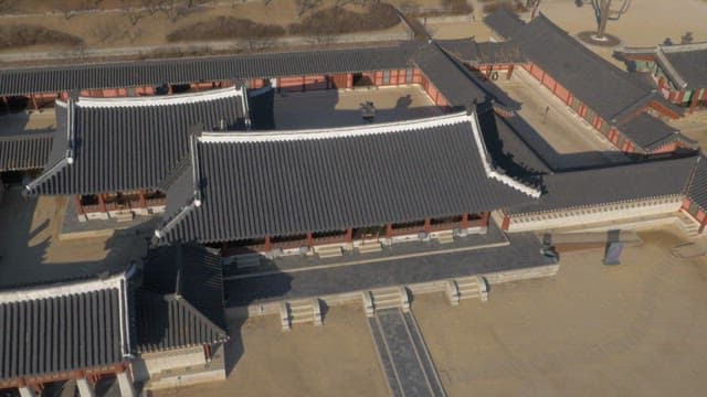 Aerial shot of the peaceful Gyeongbokgung Palace during the day