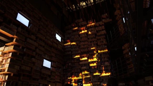 Projection Mapping of Flames Projected onto Bookshelves in a Library