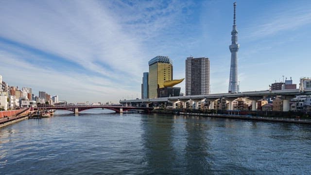 City skyline with a river and bridge