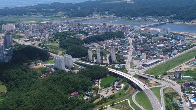 Dense urban landscape and transportation in the coastal city of Yangyang