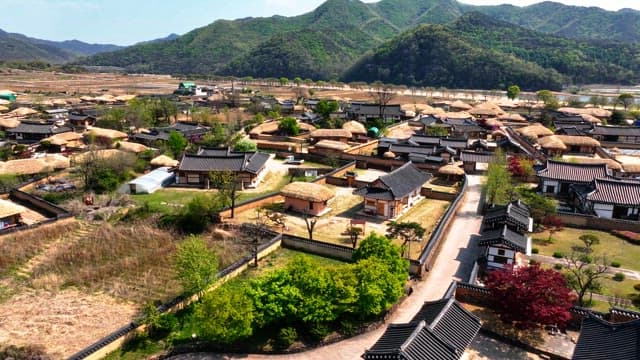 Traditional Korean house village surrounded by mountains