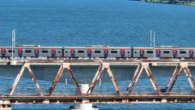 Subway crossing a bridge over a vast river