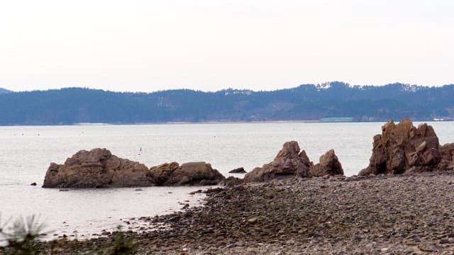 Tranquil rocky beach under cloudy sky