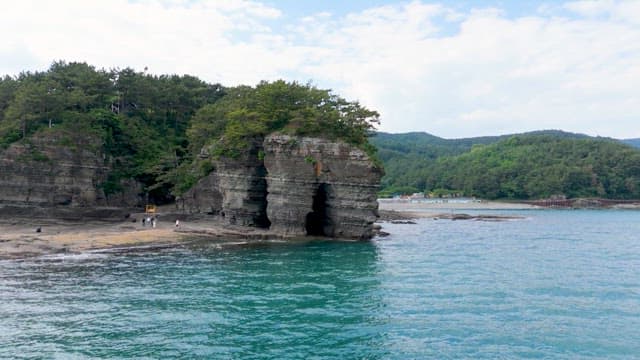 Tranquil coastal cliffs surrounded by green forests and blue sea