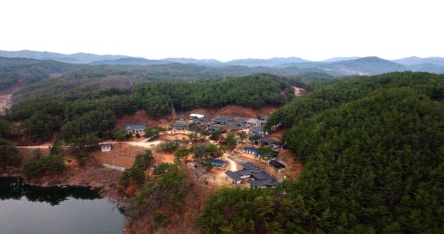 Aerial View of Traditional Village Nestled in Forest