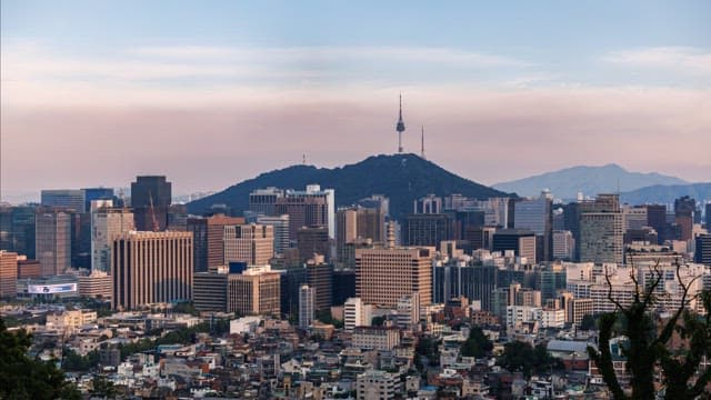 City skyline with a mountain backdrop