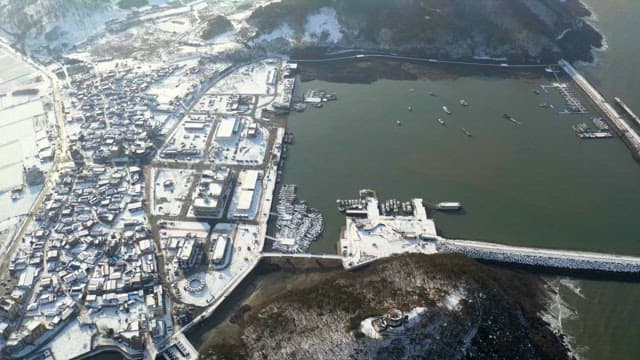 Snow-covered port and town during winter