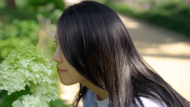 Woman enjoying flowers in a park