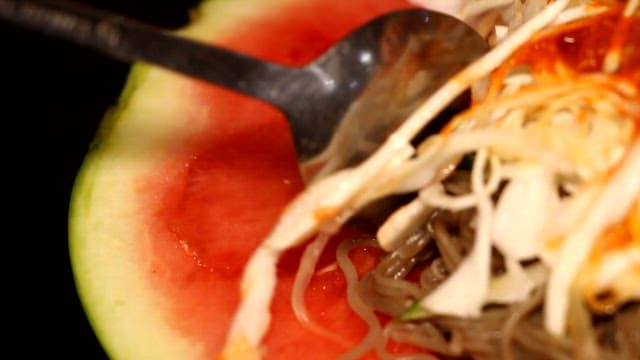 Summer delicacy, cold noodles with watermelon