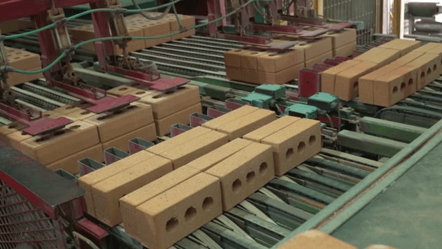 Bricks being processed on a conveyor belt