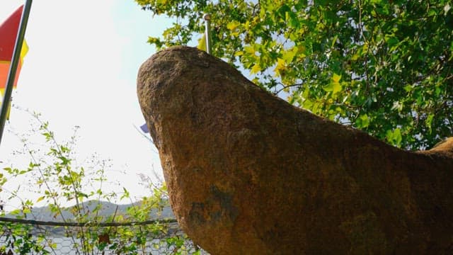 Rock tower surrounded by trees and greenery
