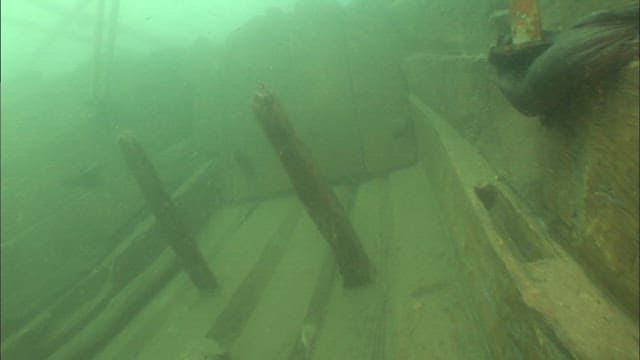 Underwater view of a sunken wooden structure