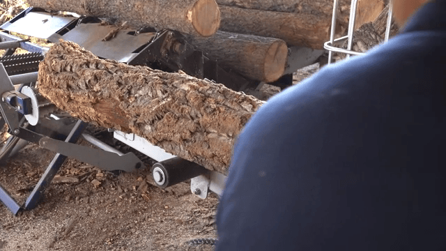 Logs being processed in a sawmill