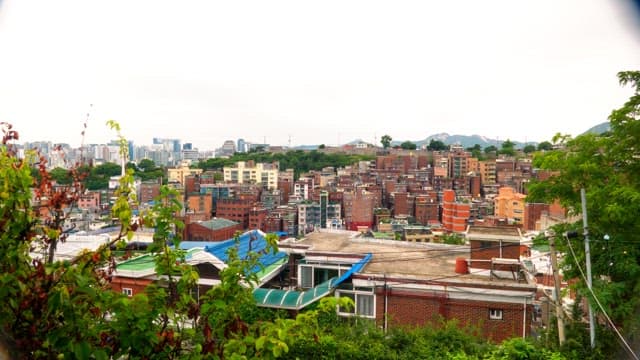 View of an urban neighborhood with a variety of residential buildings and greenery