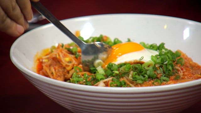 Delicious bean sprout rice bowl topped with a fried egg